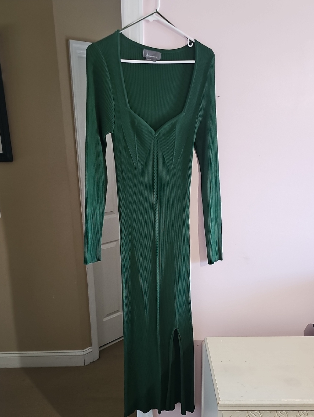 Anthropologie Emerald Green Ribbed Long-Sleeve Midi Dress with Front Slit